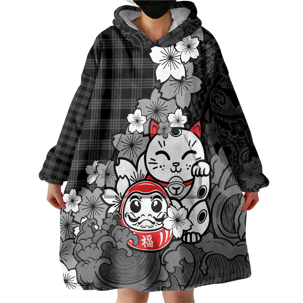 Black Palaka Hawaiian And Japanese Wearable Blanket Hoodie Maneki Neko And Sakura Bloom