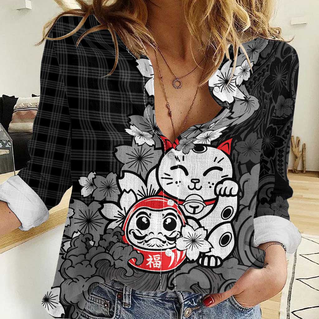 Black Palaka Hawaiian And Japanese Women Casual Shirt Maneki Neko And Sakura Bloom