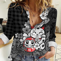 Black Palaka Hawaiian And Japanese Women Casual Shirt Maneki Neko And Sakura Bloom