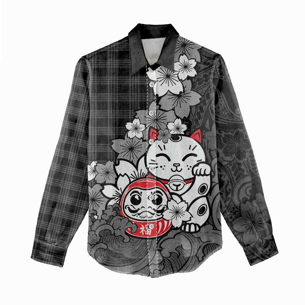 Black Palaka Hawaiian And Japanese Women Casual Shirt Maneki Neko And Sakura Bloom