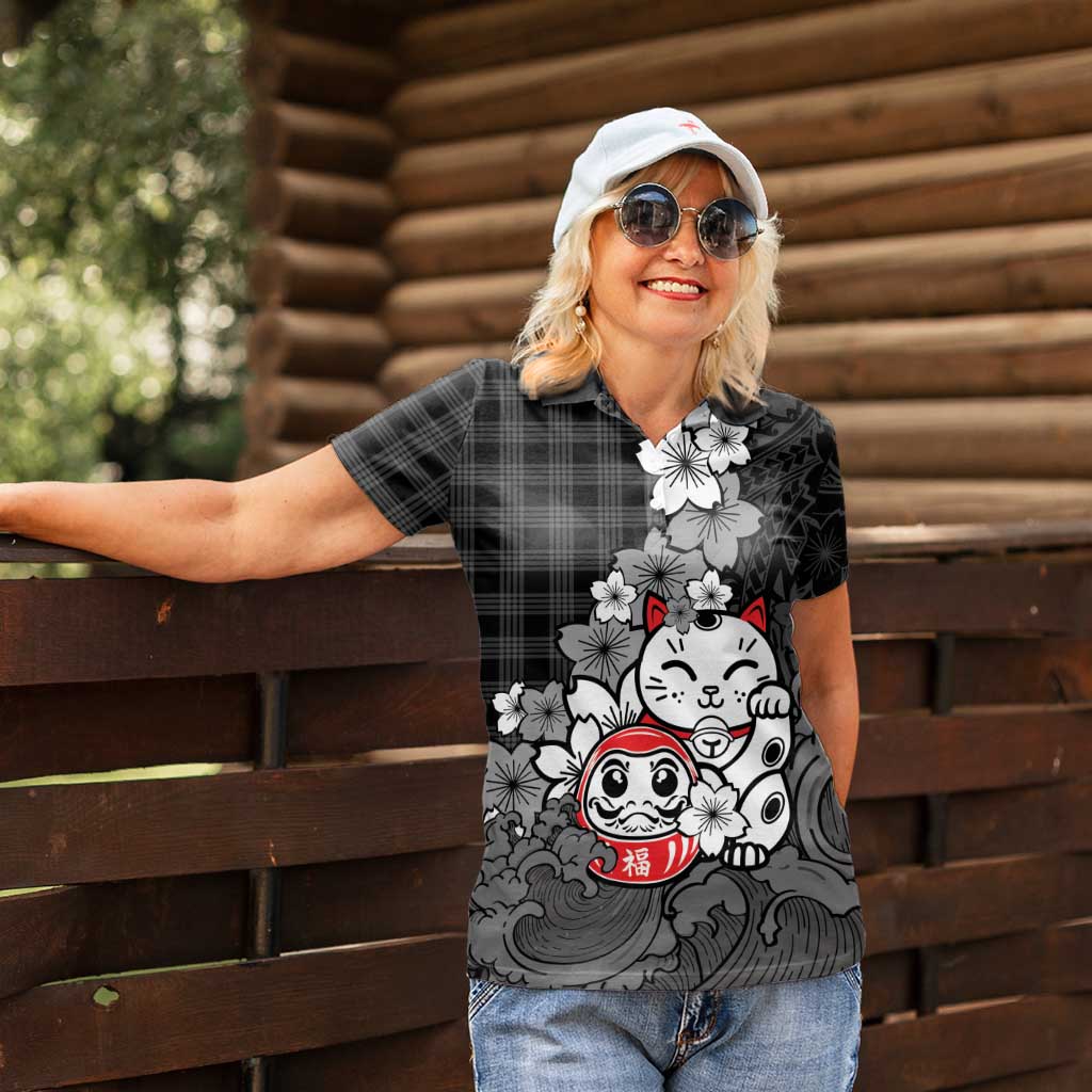 Black Palaka Hawaiian And Japanese Women Polo Shirt Maneki Neko And Sakura Bloom