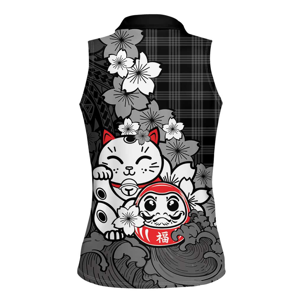 Black Palaka Hawaiian And Japanese Women Sleeveless Polo Shirt Maneki Neko And Sakura Bloom