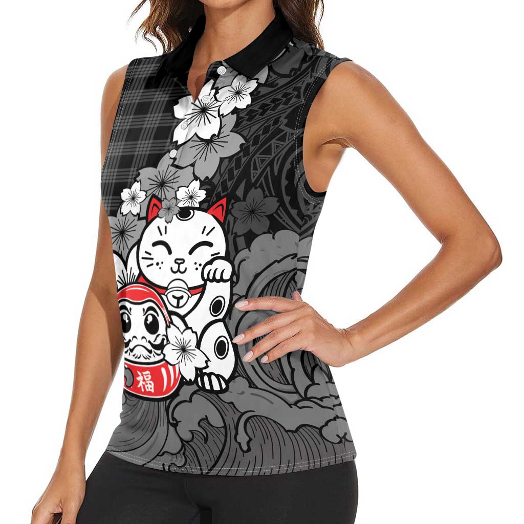 Black Palaka Hawaiian And Japanese Women Sleeveless Polo Shirt Maneki Neko And Sakura Bloom
