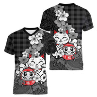 Black Palaka Hawaiian And Japanese Women V-Neck T-Shirt Maneki Neko And Sakura Bloom