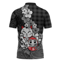Black Palaka Hawaiian And Japanese Zipper Polo Shirt Maneki Neko And Sakura Bloom