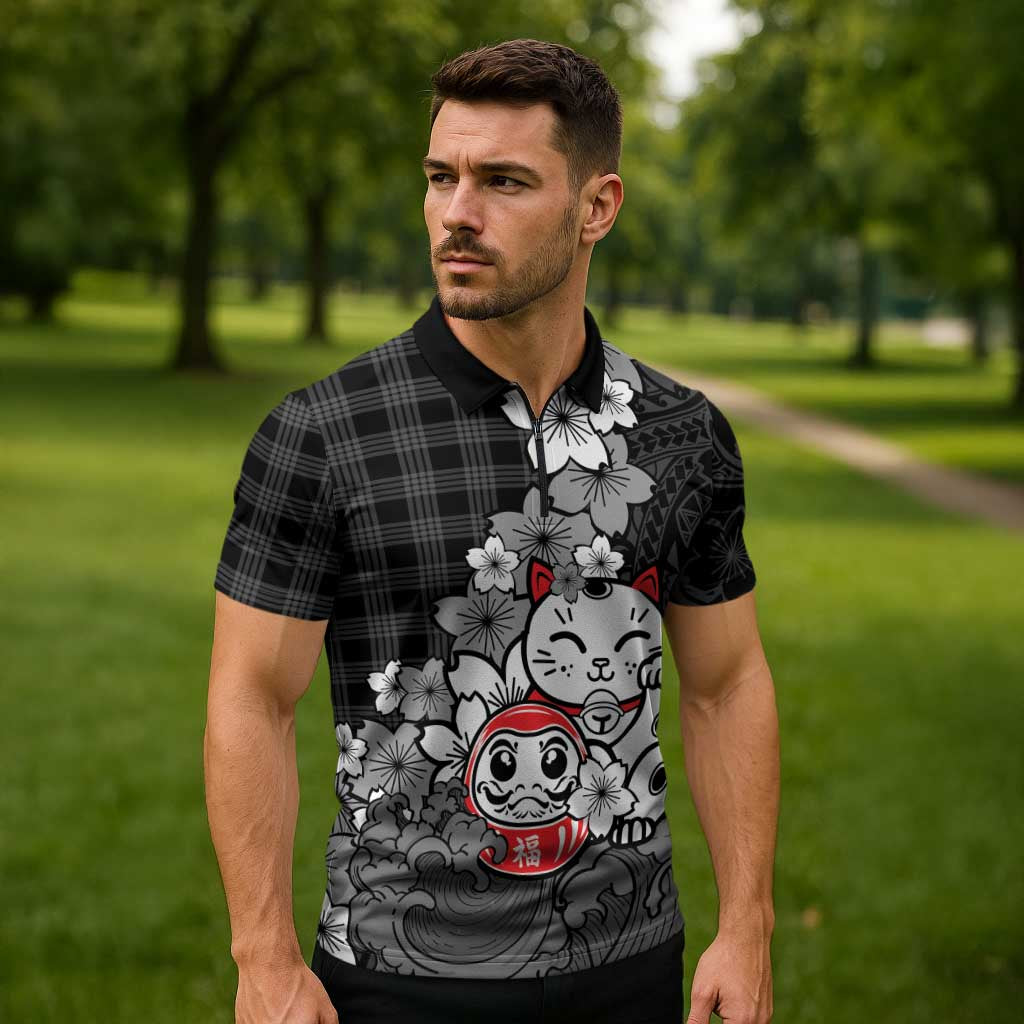 Black Palaka Hawaiian And Japanese Zipper Polo Shirt Maneki Neko And Sakura Bloom