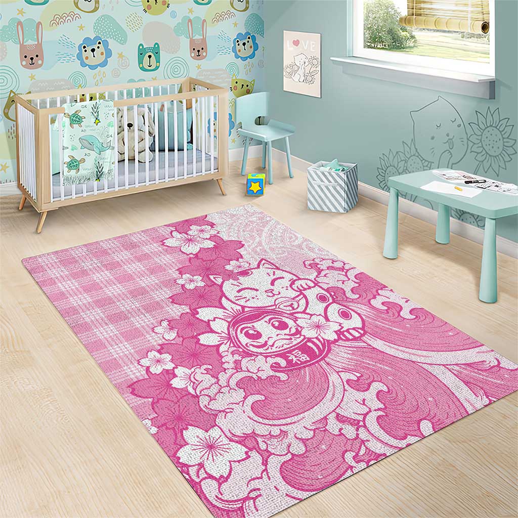 Pink Palaka Hawaiian And Japanese Area Rug Maneki Neko And Sakura Bloom
