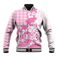 Pink Palaka Hawaiian And Japanese Baseball Jacket Maneki Neko And Sakura Bloom