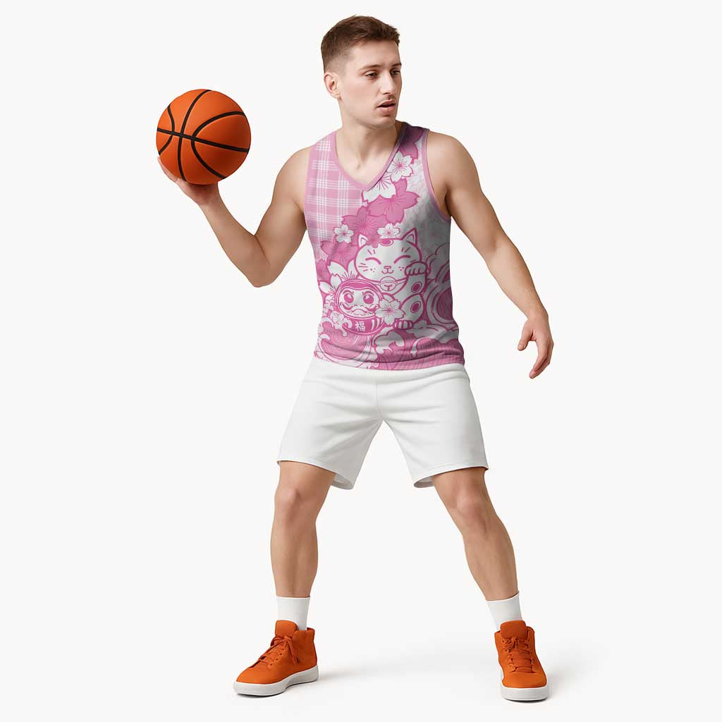 Pink Palaka Hawaiian And Japanese Basketball Jersey Maneki Neko And Sakura Bloom