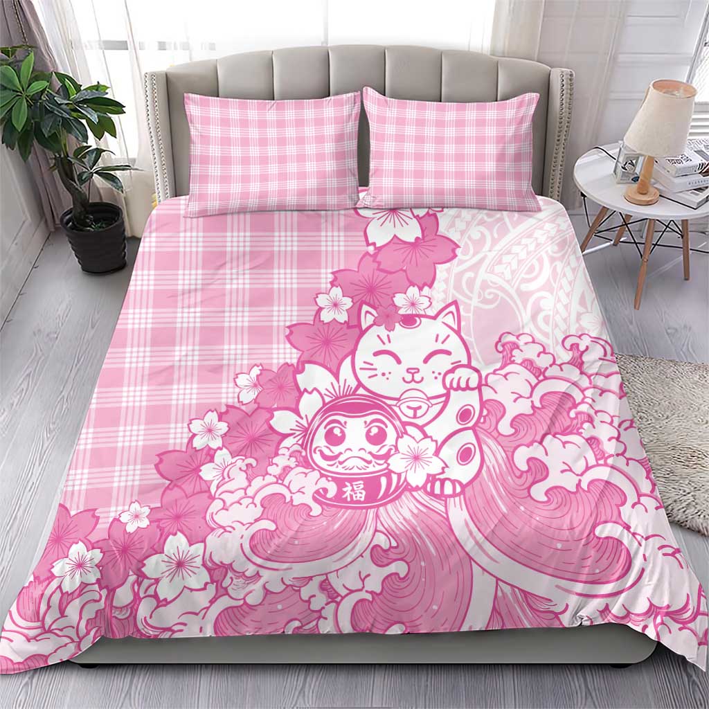 Pink Palaka Hawaiian And Japanese Bedding Set Maneki Neko And Sakura Bloom