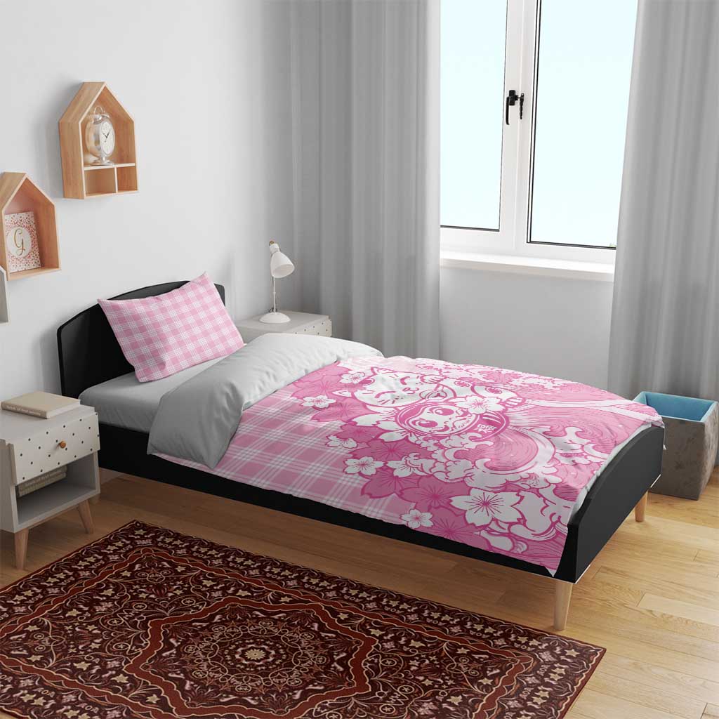 Pink Palaka Hawaiian And Japanese Bedding Set Maneki Neko And Sakura Bloom