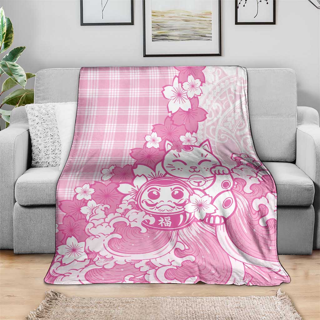 Pink Palaka Hawaiian And Japanese Blanket Maneki Neko And Sakura Bloom