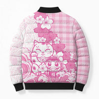 Pink Palaka Hawaiian And Japanese Bomber Puffer Jacket Maneki Neko And Sakura Bloom