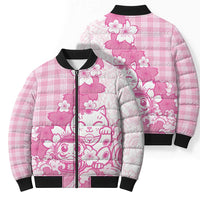 Pink Palaka Hawaiian And Japanese Bomber Puffer Jacket Maneki Neko And Sakura Bloom