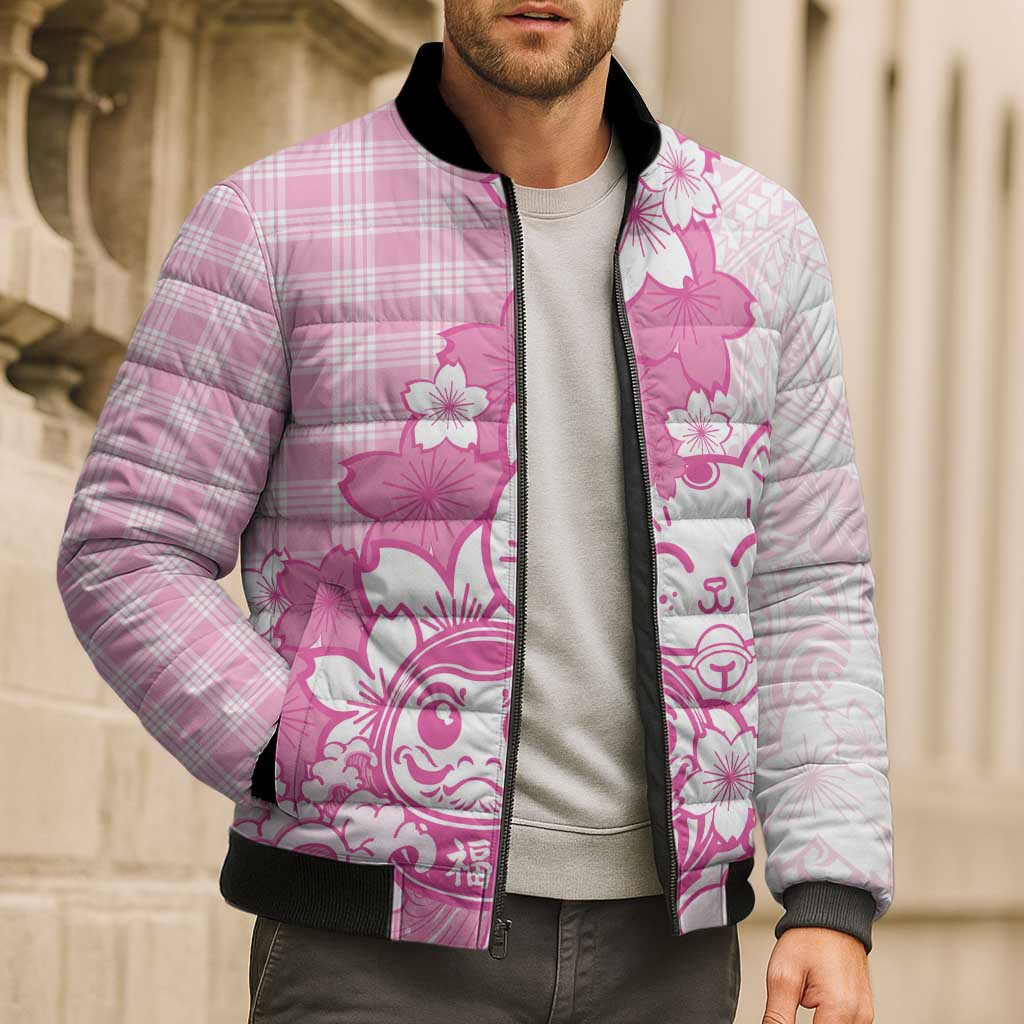 Pink Palaka Hawaiian And Japanese Bomber Puffer Jacket Maneki Neko And Sakura Bloom