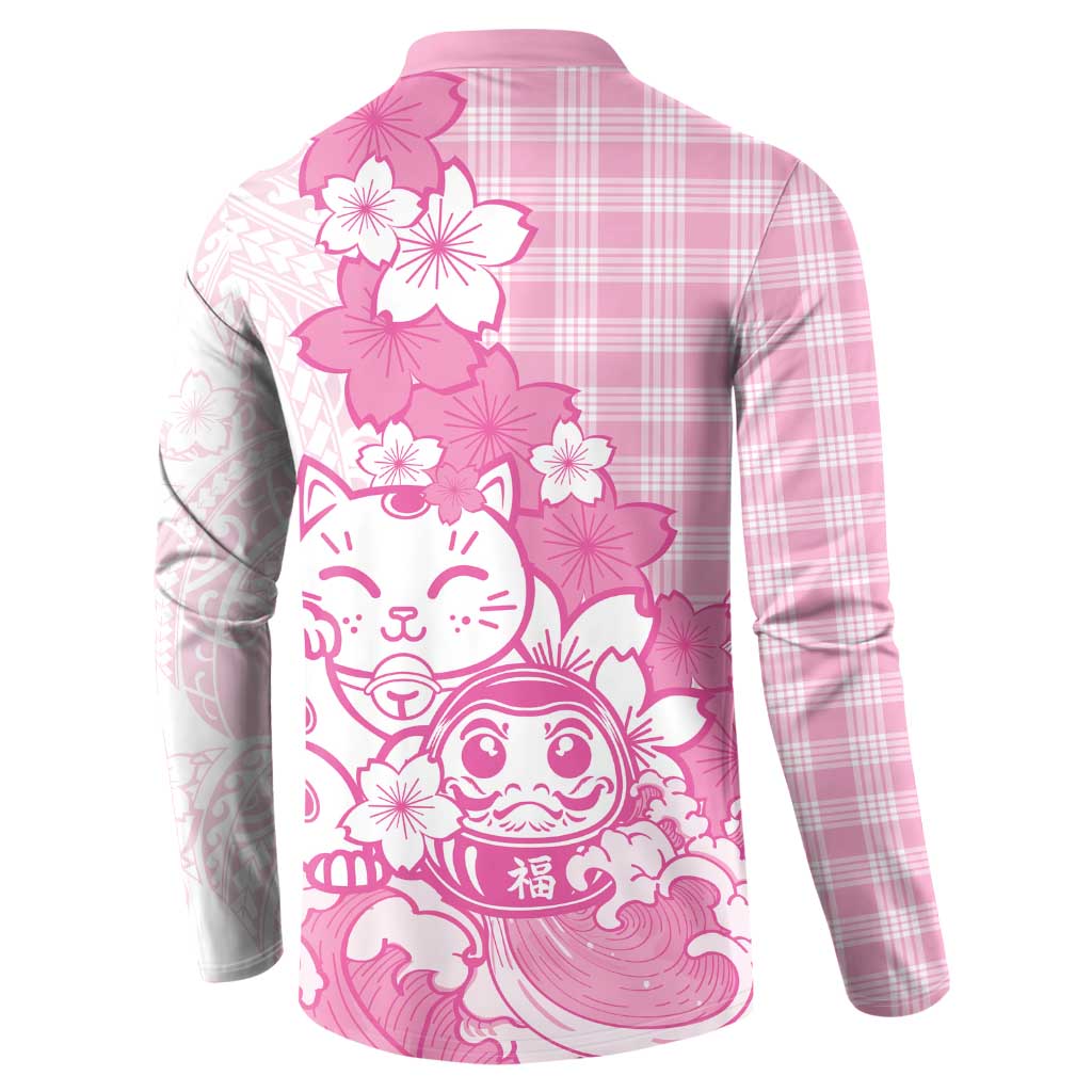 Pink Palaka Hawaiian And Japanese Button Sweatshirt Maneki Neko And Sakura Bloom