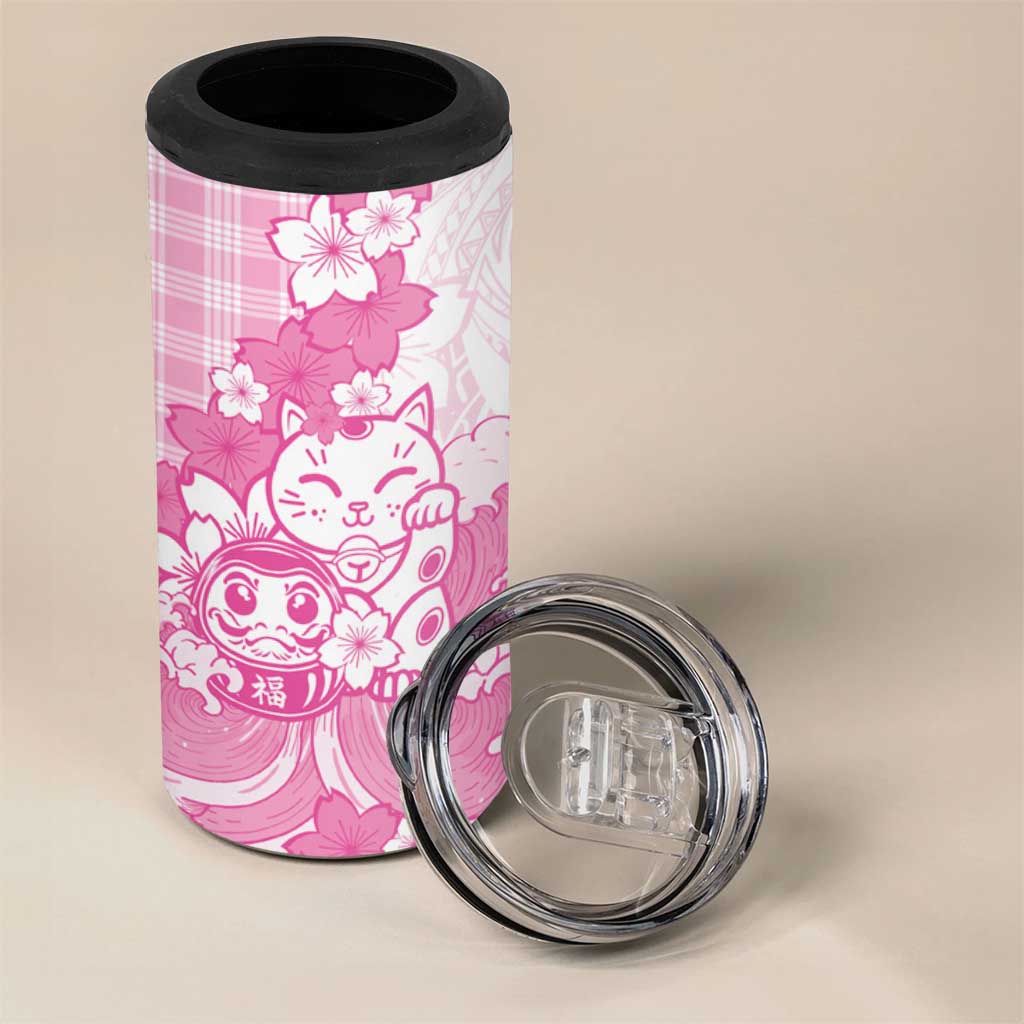 Pink Palaka Hawaiian And Japanese 4 in 1 Can Cooler Tumbler Maneki Neko And Sakura Bloom