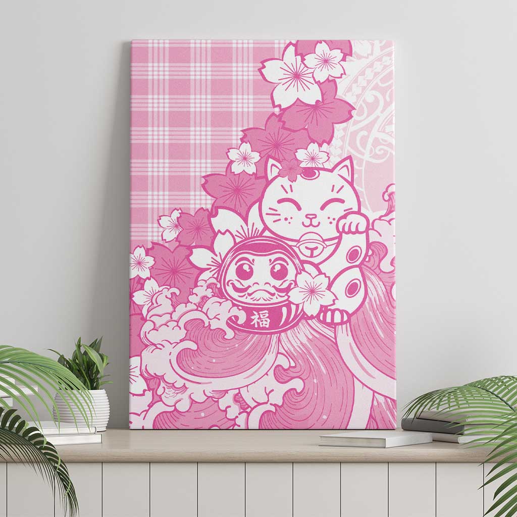 Pink Palaka Hawaiian And Japanese Canvas Wall Art Maneki Neko And Sakura Bloom