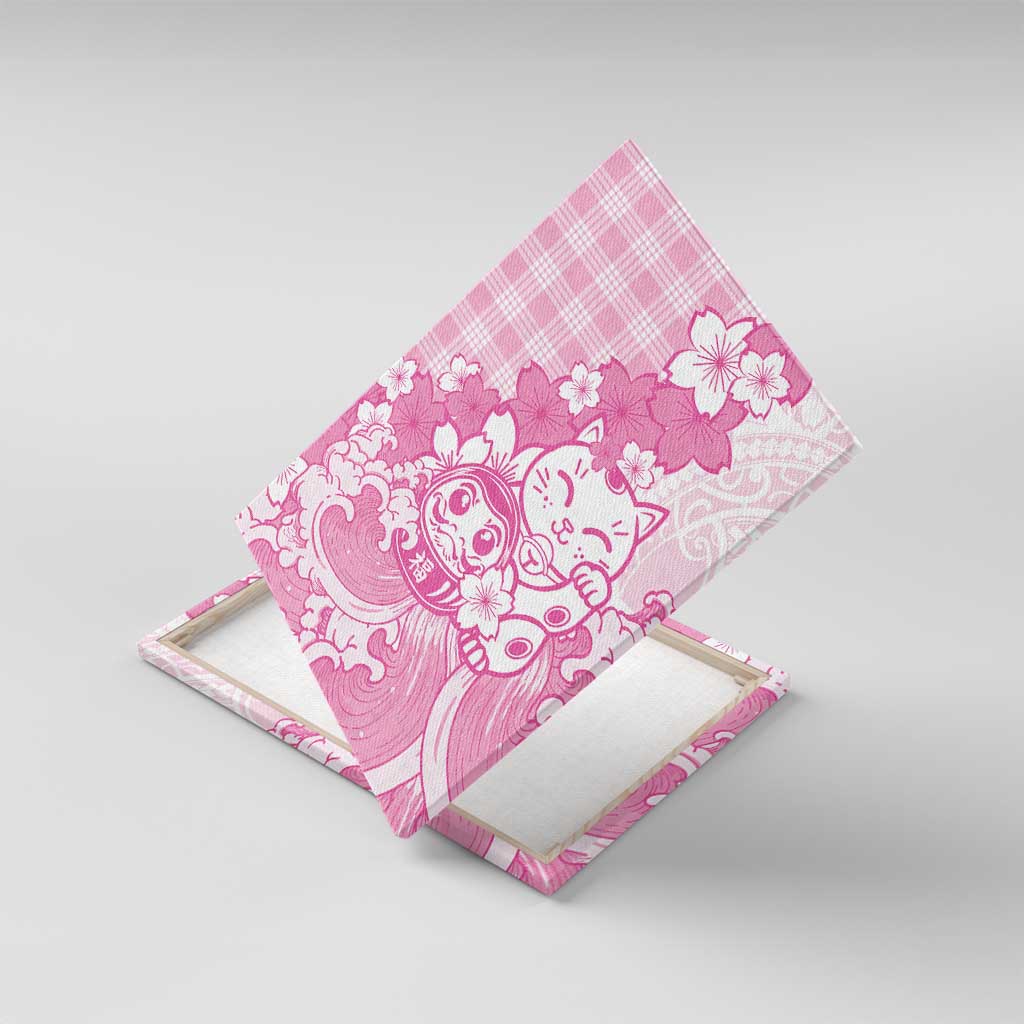 Pink Palaka Hawaiian And Japanese Canvas Wall Art Maneki Neko And Sakura Bloom