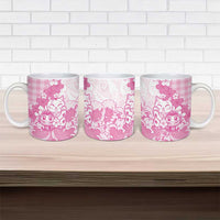Pink Palaka Hawaiian And Japanese Ceramic Mug Maneki Neko And Sakura Bloom