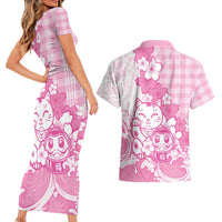 Pink Palaka Hawaiian And Japanese Couples Matching Short Sleeve Bodycon Dress and Hawaiian Shirt Maneki Neko And Sakura Bloom DT05 - Polynesian Pride