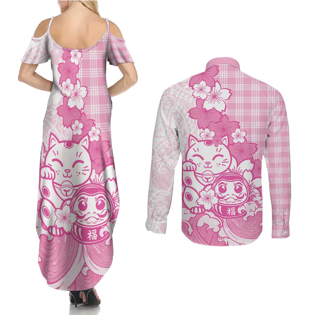 Pink Palaka Hawaiian And Japanese Couples Matching Summer Maxi Dress and Long Sleeve Button Shirt Maneki Neko And Sakura Bloom