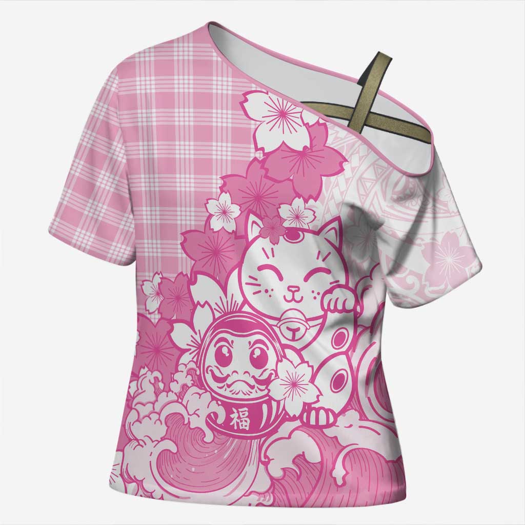 Pink Palaka Hawaiian And Japanese Cross Shoulder Shirt Maneki Neko And Sakura Bloom