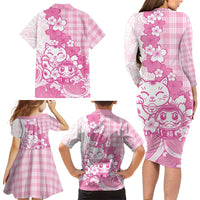 Pink Palaka Hawaiian And Japanese Family Matching Long Sleeve Bodycon Dress and Hawaiian Shirt Maneki Neko And Sakura Bloom DT05 - Polynesian Pride