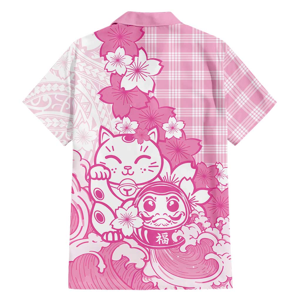 Pink Palaka Hawaiian And Japanese Family Matching Off The Shoulder Long Sleeve Dress and Hawaiian Shirt Maneki Neko And Sakura Bloom DT05 - Polynesian Pride