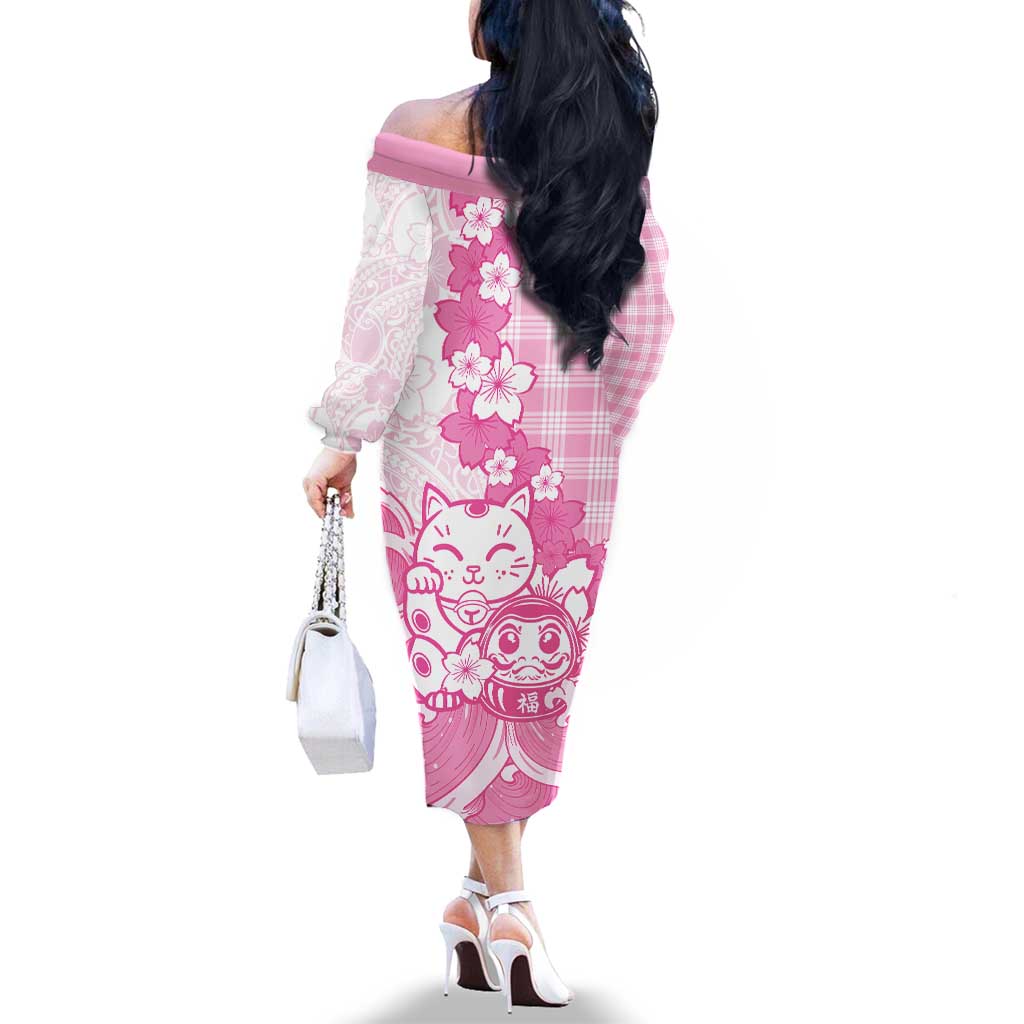 Pink Palaka Hawaiian And Japanese Family Matching Off The Shoulder Long Sleeve Dress and Hawaiian Shirt Maneki Neko And Sakura Bloom DT05 - Polynesian Pride