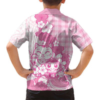 Pink Palaka Hawaiian And Japanese Family Matching Off Shoulder Maxi Dress and Hawaiian Shirt Maneki Neko And Sakura Bloom DT05 - Polynesian Pride