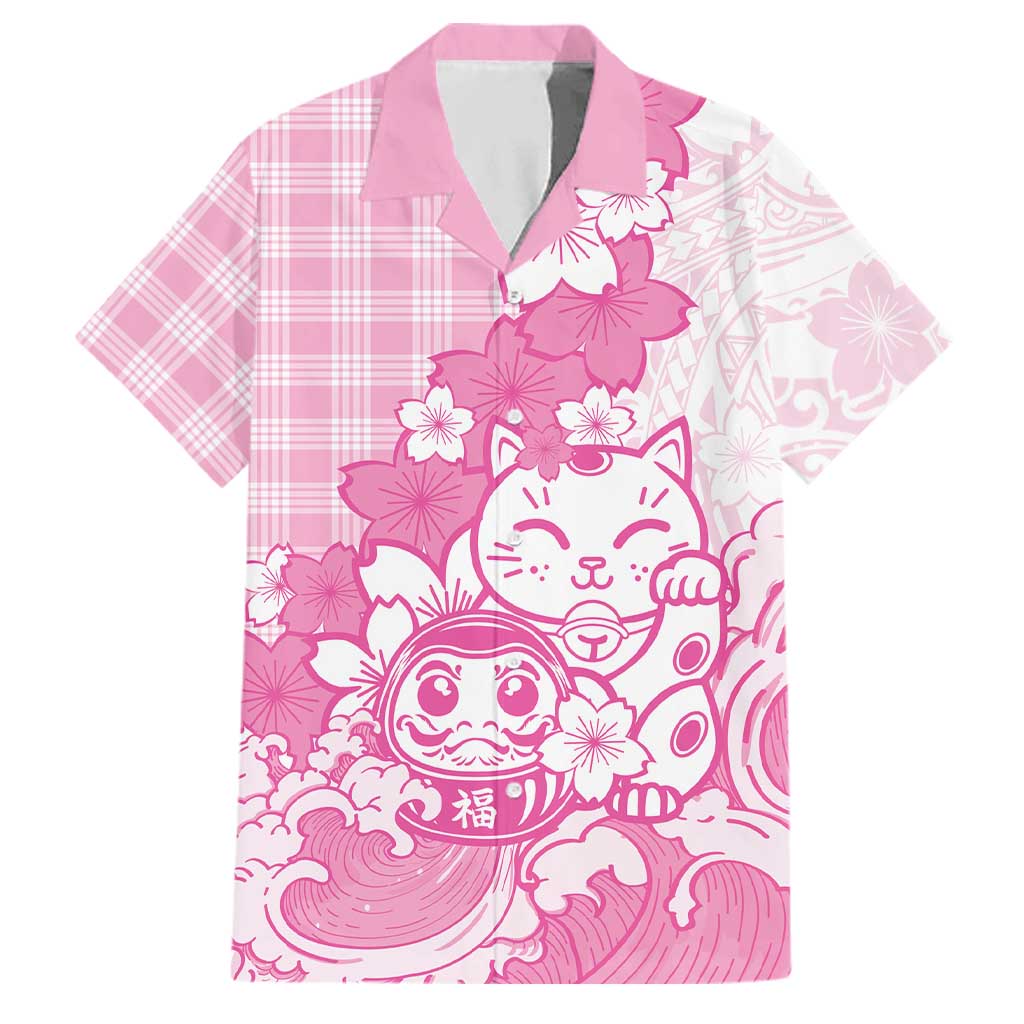 Pink Palaka Hawaiian And Japanese Family Matching Off Shoulder Maxi Dress and Hawaiian Shirt Maneki Neko And Sakura Bloom DT05 Dad's Shirt - Short Sleeve Pink - Polynesian Pride