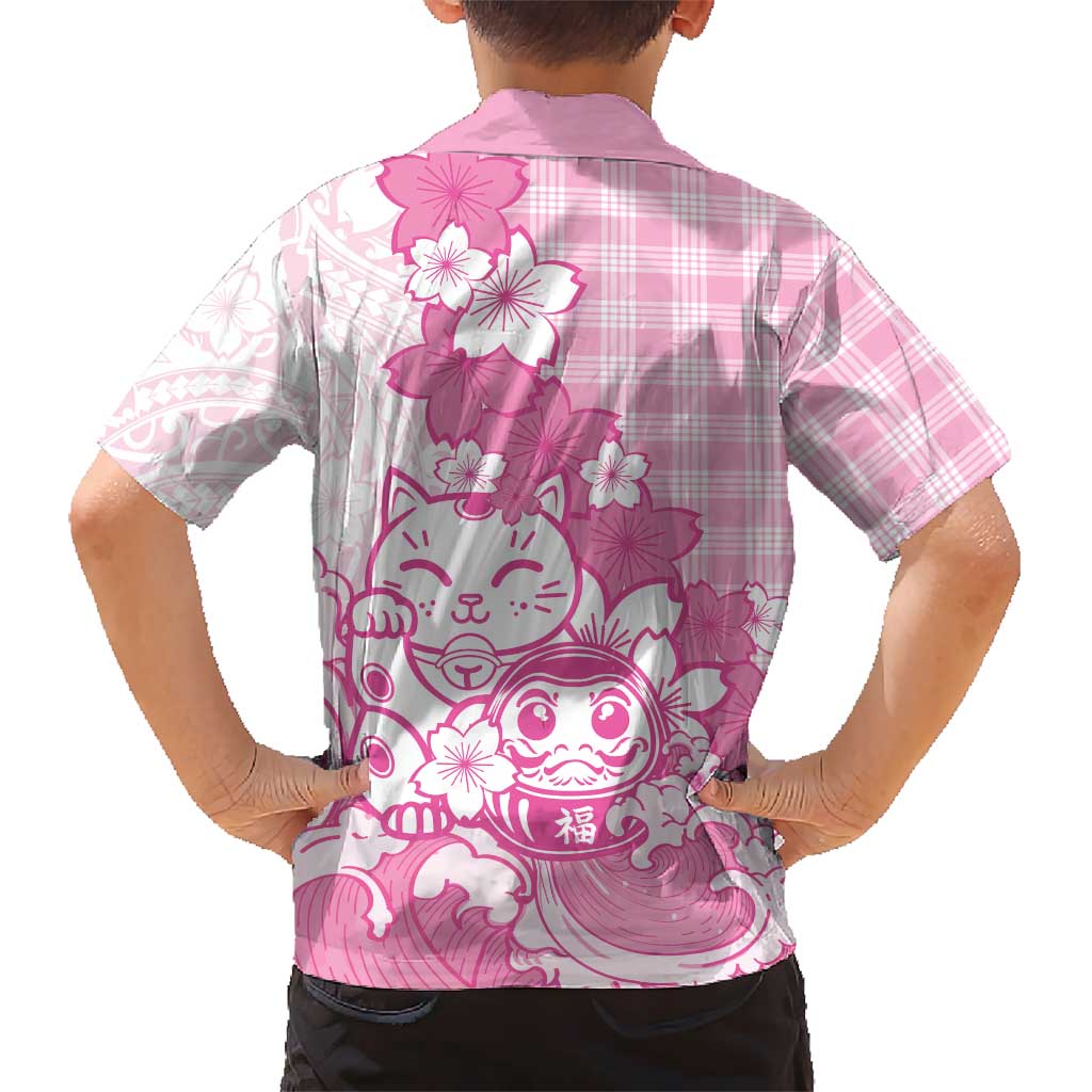 Pink Palaka Hawaiian And Japanese Family Matching Off Shoulder Short Dress and Hawaiian Shirt Maneki Neko And Sakura Bloom DT05 - Polynesian Pride