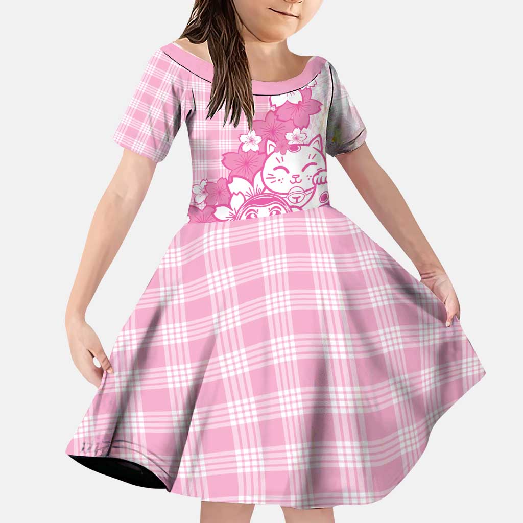 Pink Palaka Hawaiian And Japanese Family Matching Off Shoulder Short Dress and Hawaiian Shirt Maneki Neko And Sakura Bloom DT05 Daughter's Dress Pink - Polynesian Pride