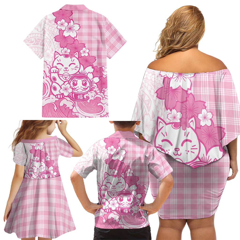 Pink Palaka Hawaiian And Japanese Family Matching Off Shoulder Short Dress and Hawaiian Shirt Maneki Neko And Sakura Bloom DT05 - Polynesian Pride