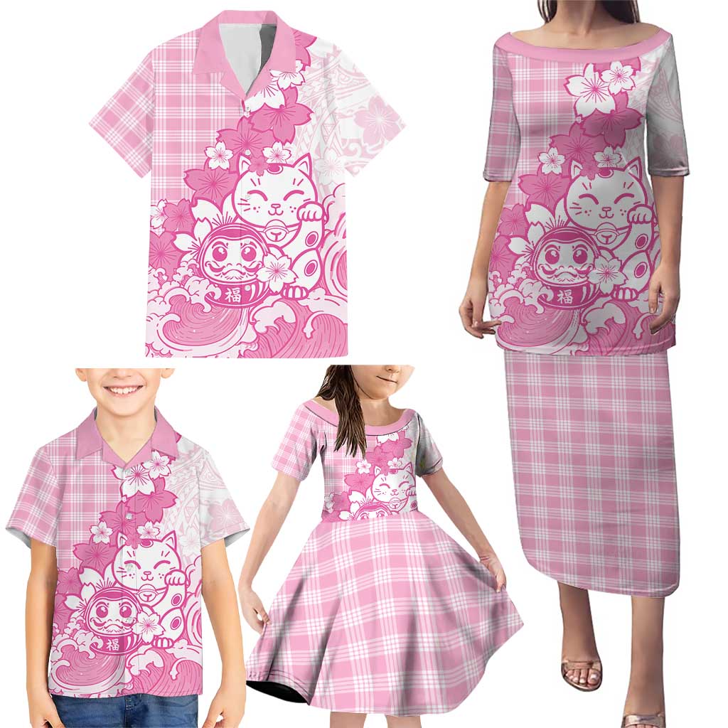 Pink Palaka Hawaiian And Japanese Family Matching Puletasi and Hawaiian Shirt Maneki Neko And Sakura Bloom DT05 - Polynesian Pride