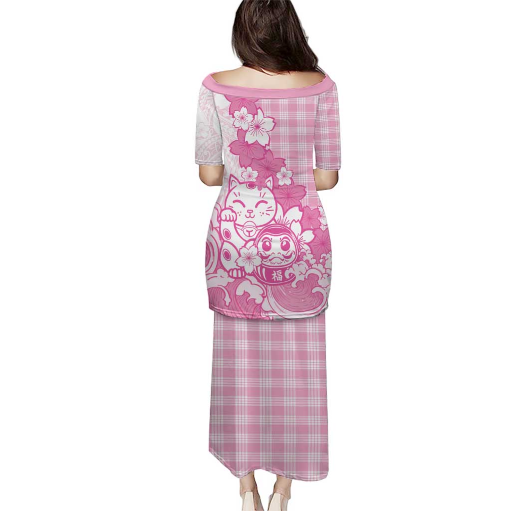 Pink Palaka Hawaiian And Japanese Family Matching Puletasi and Hawaiian Shirt Maneki Neko And Sakura Bloom DT05 - Polynesian Pride