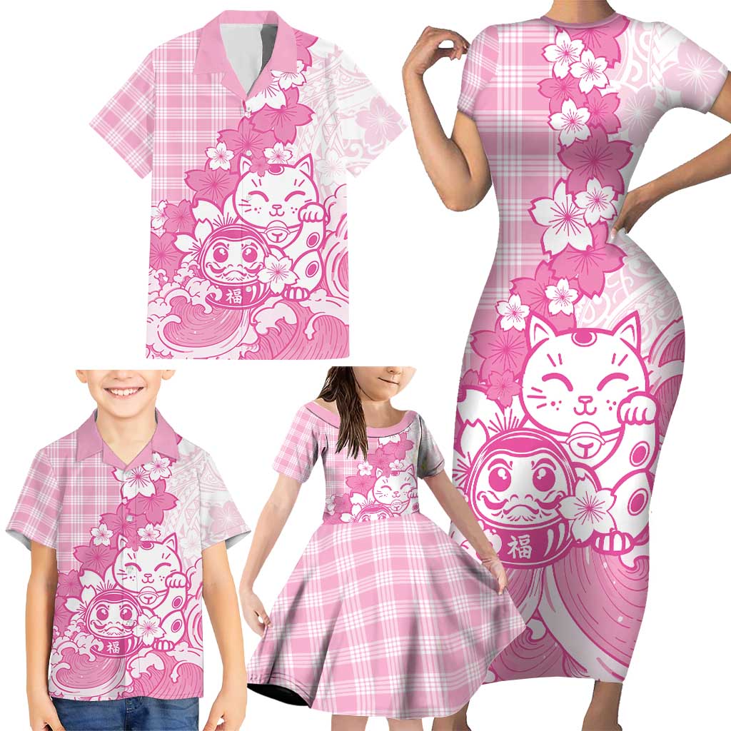 Pink Palaka Hawaiian And Japanese Family Matching Short Sleeve Bodycon Dress and Hawaiian Shirt Maneki Neko And Sakura Bloom DT05 - Polynesian Pride