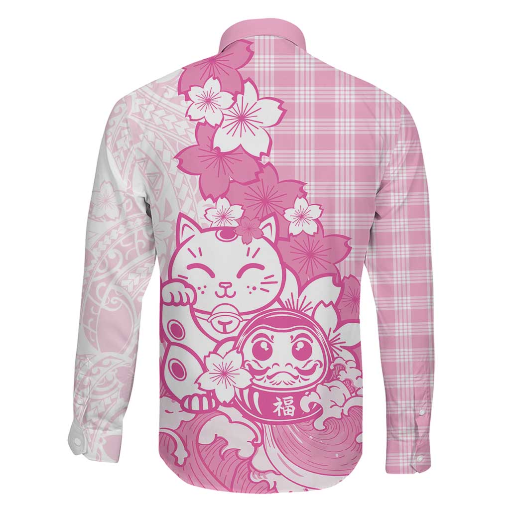 Pink Palaka Hawaiian And Japanese Family Matching Short Sleeve Bodycon Dress and Hawaiian Shirt Maneki Neko And Sakura Bloom DT05 - Polynesian Pride