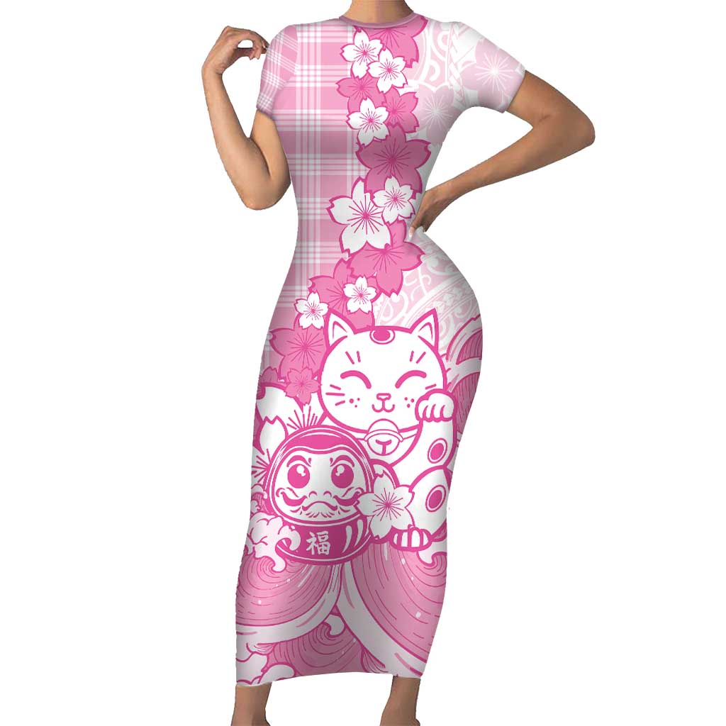 Pink Palaka Hawaiian And Japanese Family Matching Short Sleeve Bodycon Dress and Hawaiian Shirt Maneki Neko And Sakura Bloom DT05 Mom's Dress Pink - Polynesian Pride