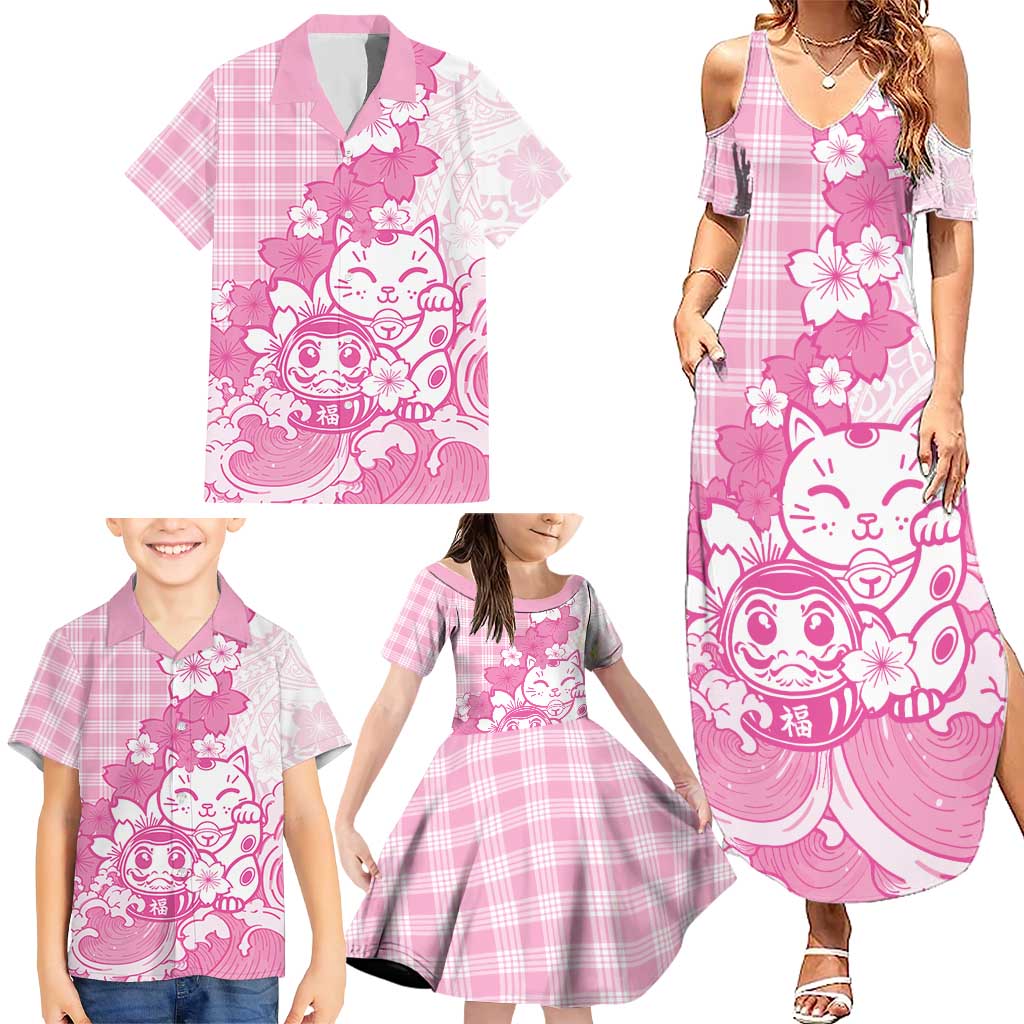 Pink Palaka Hawaiian And Japanese Family Matching Summer Maxi Dress and Hawaiian Shirt Maneki Neko And Sakura Bloom