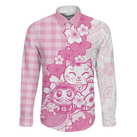 Pink Palaka Hawaiian And Japanese Family Matching Tank Maxi Dress and Hawaiian Shirt Maneki Neko And Sakura Bloom DT05 Dad's Shirt - Long Sleeve Pink - Polynesian Pride