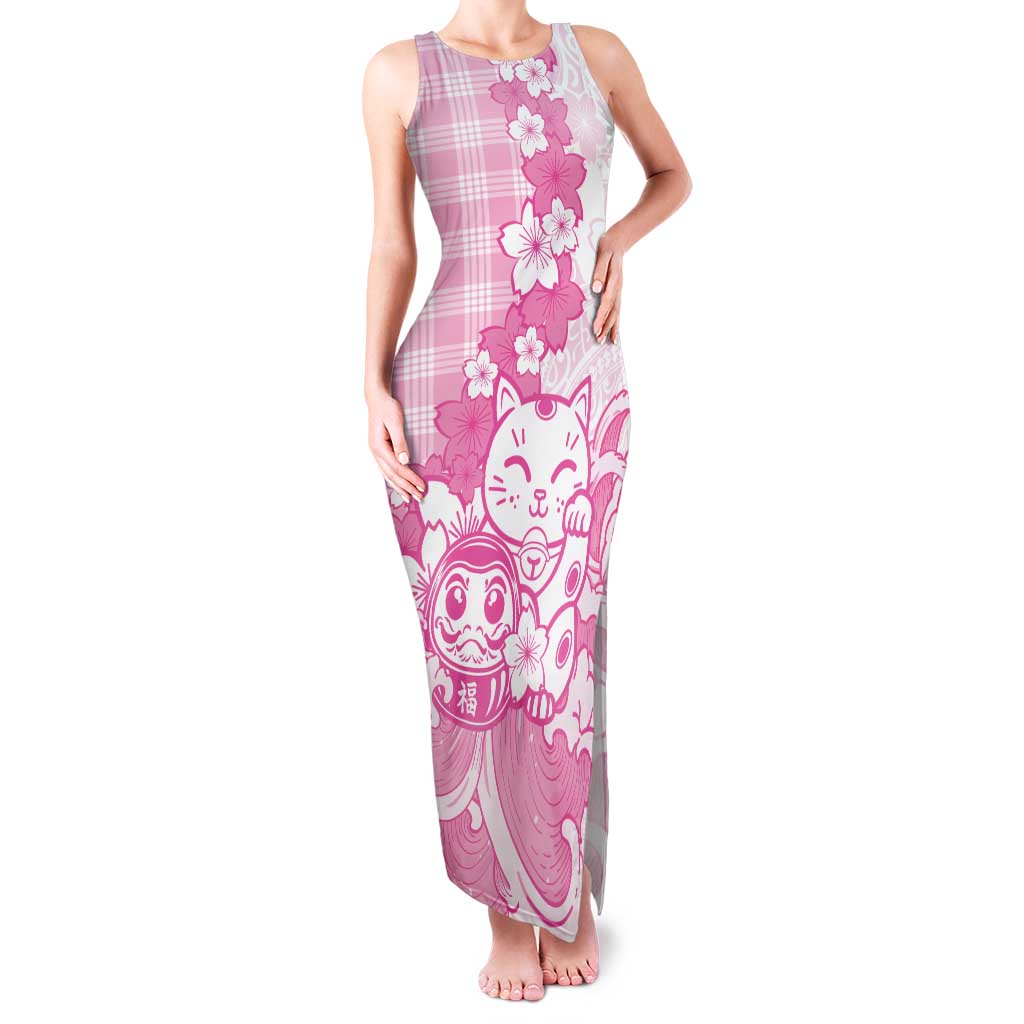 Pink Palaka Hawaiian And Japanese Family Matching Tank Maxi Dress and Hawaiian Shirt Maneki Neko And Sakura Bloom DT05 Mom's Dress Pink - Polynesian Pride