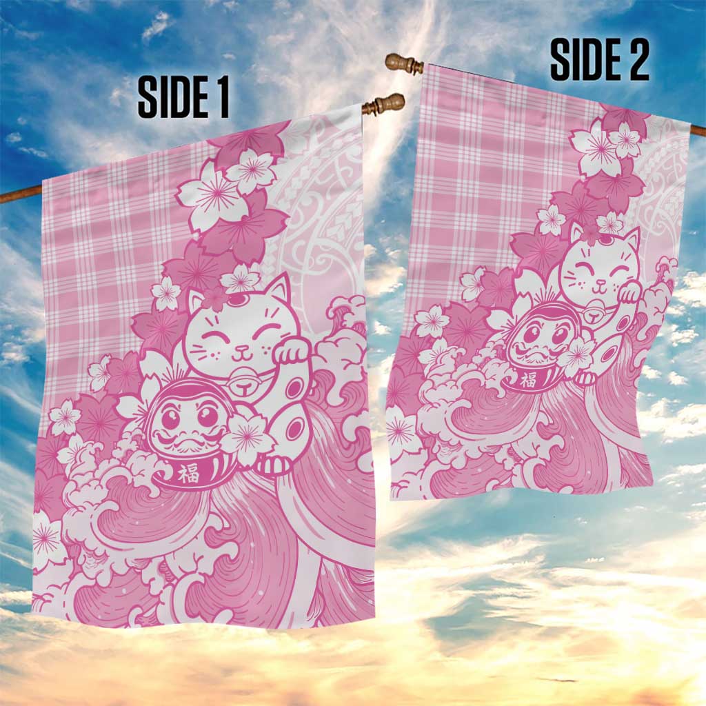 Pink Palaka Hawaiian And Japanese Garden Flag Maneki Neko And Sakura Bloom