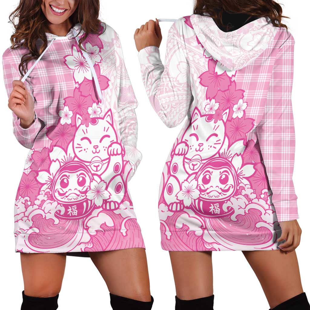 Pink Palaka Hawaiian And Japanese Hoodie Dress Maneki Neko And Sakura Bloom