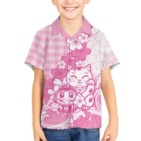 Pink Palaka Hawaiian And Japanese Kid Hawaiian Shirt Maneki Neko And Sakura Bloom