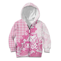 Pink Palaka Hawaiian And Japanese Kid Hoodie Maneki Neko And Sakura Bloom