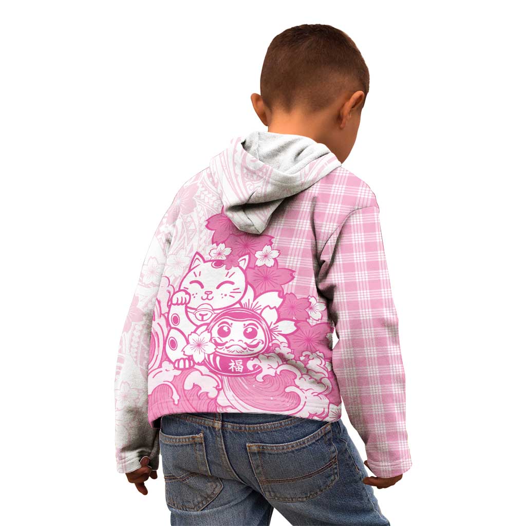 Pink Palaka Hawaiian And Japanese Kid Hoodie Maneki Neko And Sakura Bloom
