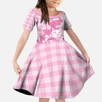 Pink Palaka Hawaiian And Japanese Kid Short Sleeve Dress Maneki Neko And Sakura Bloom