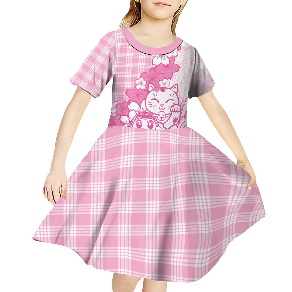 Pink Palaka Hawaiian And Japanese Kid Short Sleeve Dress Maneki Neko And Sakura Bloom